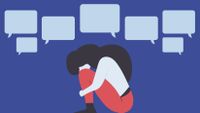 An illustration of a young woman crouched on the ground with her head in her knees and empty dialogue boxes above her.