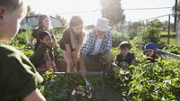 Teacher helping students plant a garden