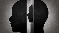 Abstract, black and white illustration of a face within a face, describing a feeling of disconnect and fragmentation