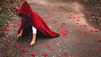 Young girl in a red velvet hooded cape, picking flower petals off the ground
