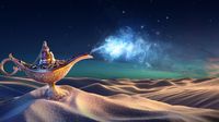 A magic lamp sitting on a sand dune in a desert, a wisp of blue light coming out of it