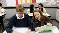 Students working in pairs together with laptops and handouts in class