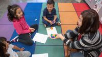 Elementary teacher works on a math assignment with children during circle time