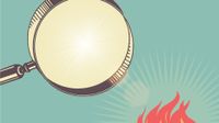 An illustration of a magnifying glass against a solid green backdrop focusing on something and creating fire.