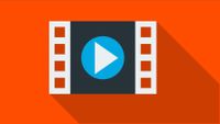 An illustration of a square 35 millimeter film against an orange backdrop with the video play button on top.