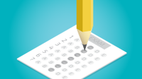 An illustration of a pencil filling in a multiple choice exam.