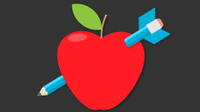 Illio of a red apple with a pencil arrow through the middle