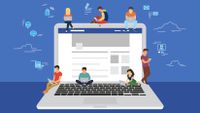 An illustration of a laptop with students sitting and standing on it, surrounded by icons that suggest social media