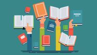 Illustration of a number of hands holding up books