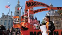 A group of people participate in an anti-bullying rally.