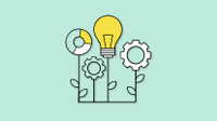 Graphic of flowers with lightbulb, gear, etc.