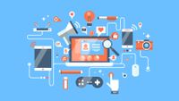 Illustration showing a computer surrounded by images of a tablet, computer, camera, mouse, game controller, and more