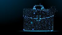 Stylized illustration of a briefcase composed of points of blue light connected by blue lines