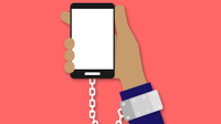 An illustration of a hand chained to a smartphone.