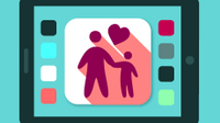 Graphic of tablet screen with image of parent and child