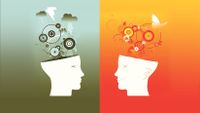 A split-screen illustration of two cut-open heads facing each other -- the left head with negative symbols rising from the top and the right head with positive imagery.