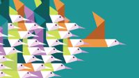An illustration of a flock of birds flying against a teal background.