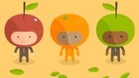 Illustration of children dressed as apples and oranges
