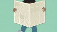 Illustration of a young boy reading a newspaper.