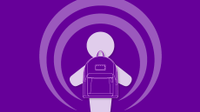 Illustration of a purple podcasting icon wearing a backpack
