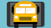 Graphic of a school bus driving out from a tablet.