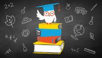 An illustration of an owl drawn on a chalkboard wearing glasses and a graduation cap standing on four books.