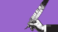 Illio of a hand and arm in a suit holding a feather quill pen