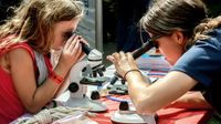 Two girls across from each other at a table looking through microscopes
