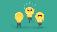 Three cartoon lightbulbs standing together–one frowning, one jumping up and down and smiling, the other crying.