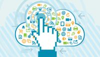 Cartoon image of a finger pushing a large button, with several computer program icons in the background