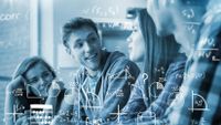 A blue-tinged photo of students talking, with math problems and formulas handwritten over them in white.