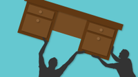 Illo of silhouette of two men lifting a big desk above their shoulders