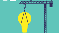 An illustration of a giant lightbulb being suspended on a crane.