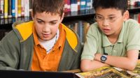 Two boys looking at a laptop and open book