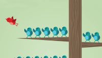 Illustration of one bird flying away from the flock.