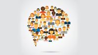 Illustration showing a speech bubble made up of a multitude of small images of people’s heads