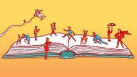 Illustration of various characters rising out of the pages of an open book
