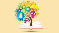 Illustration of a tree growing out of an open book; the leaves are icons that indicate academic subjects