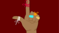 An illustration of a hand with string tied around each finger.