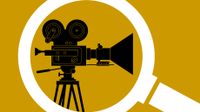 An illustration of a movie projector inside a magnifying glass.