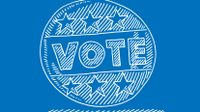 The word vote is written in block letters within a rectangle within a circle against a blue backdrop. Within the circle, three stars are below and above the word vote.