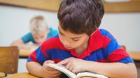 A young boy in a large-striped red and blue polar shirt is sitting at his desk with his head down in a book.
