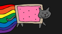 An illustration of a dark gray cat with a pink Pop-Tart as its body and a rainbow as its tail against a black background.