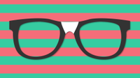 An illustration of black glasses with a white bridge behind a striped red and green backdrop.