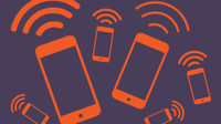 An illustration of six ringing, orange cell phone of various sizes against a purple backdrop.