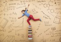 Child in an excited pose on a background of books and math formulas