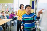 Elementary student pointing at whiteboard in a classroom