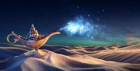 A magic lamp sitting on a sand dune in a desert, a wisp of blue light coming out of it