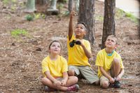 Three elementary school children kneeling on the ground in a forest. One is holding a pair of binoculars and pointing upward toward the trees. The other two are looking up to where he's pointing.