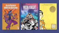 The covers of three graphic novels: Black Panther, Moon Knight, and American Born Chinese